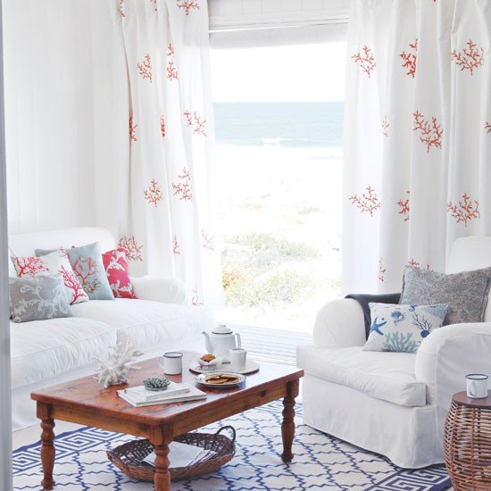 Idéias para sala de estar - estilo de casa de campo marítima branca