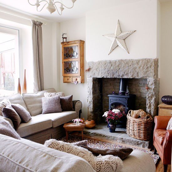 Ideias para morar na sala de estar - branco cinza - charme de casa de campo