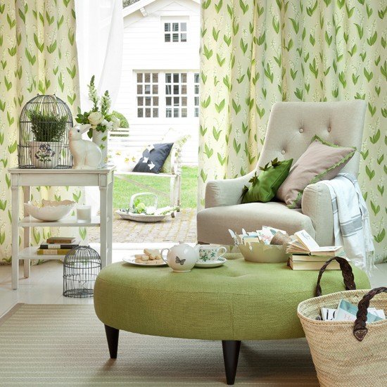 Idéias de vida para sala de estar móveis verdes e brancos do país