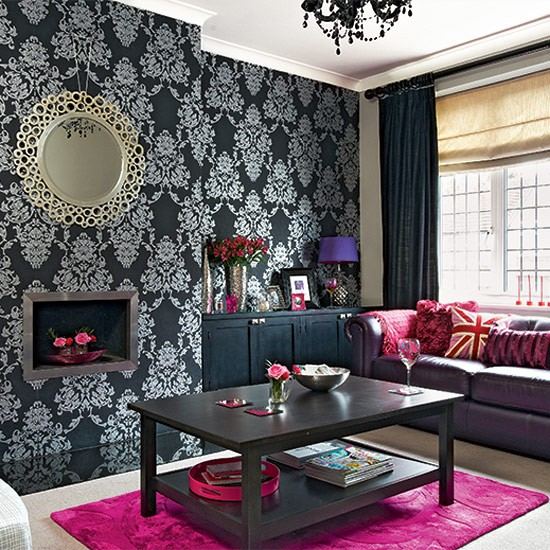 Ideias para salas de estar - preto estampado - design moderno rosa