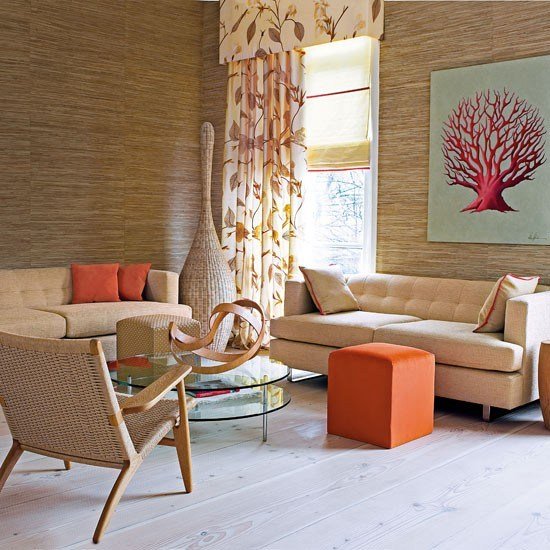 Idéias de vida - sala de estar - bege laranja - decoração de parede moderna