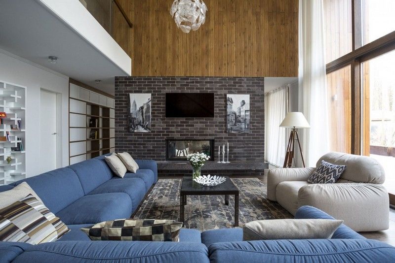 Idéias de sala de estar para sofá kilim de parede de tijolo de design