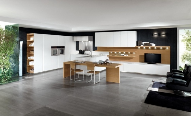 pintura de parede preta cozinha de madeira design linear - mobiliário branco - ilha de cozinha