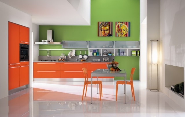 combinações de cores laranja-verde atuais ideias de decoração de parede piso de alto brilho