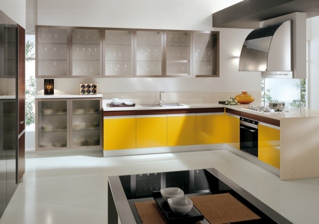 l design de cozinha - portas de armário de plástico amarelo brilhante portas de armário de vidro fosco
