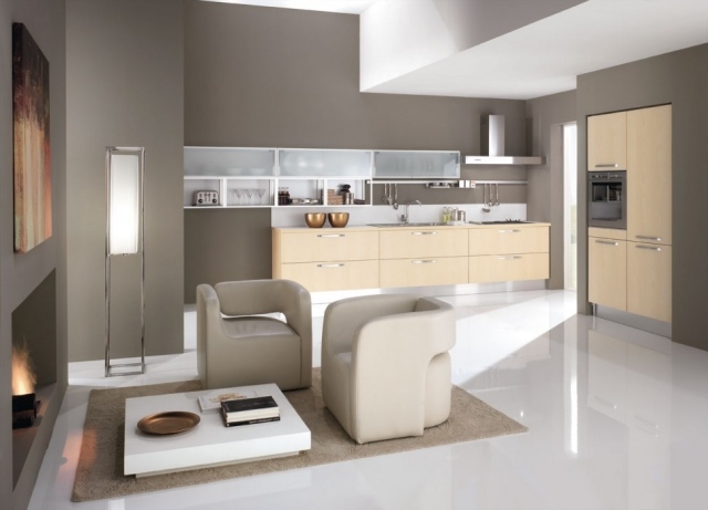 designer de cozinha moderna equipada móveis de sala de estar poltrona com lareira aberta