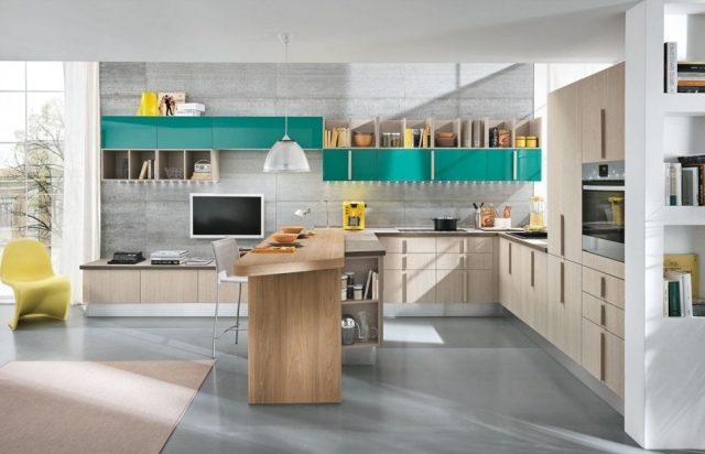 cozinha embutida em madeira maciça ilha de cozinha design moderno - prateleiras coloridas - aberto