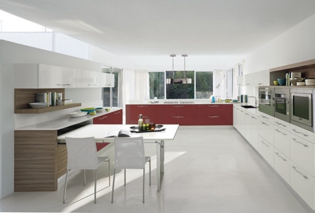 Design de bancada de cozinha branco-vermelho idéias de esquema de cores maçanetas de metal
