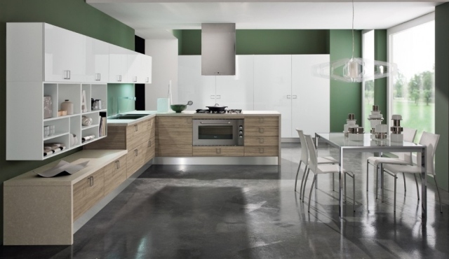 combinação de materiais design de interiores-madeira mate brilhante branco-verde-parede