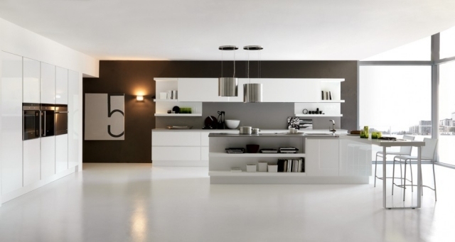 cozinhas modernas brancas eletrodomésticos embutidos - piso com acabamento em laca brilhante - prateleiras em ilha