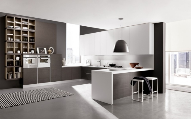 ideias de design para lâmpada pendente de armários brancos de apartamento de plano aberto de cozinha