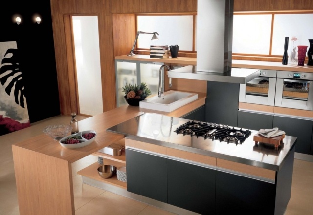 superfícies de cozinha modernas imitações de madeira, plástico, aço inoxidável, bancada de fogão a gás