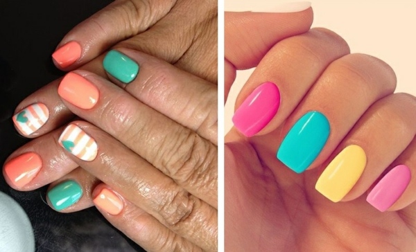 Desenhos de unhas cor de pêssego rosa limão amarelo azul rosa quente