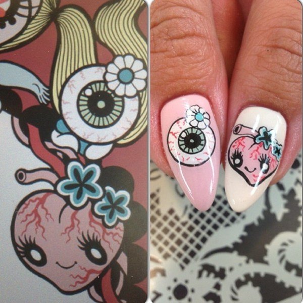 Desenho de unhas bordado em crochê com motivos de frutas