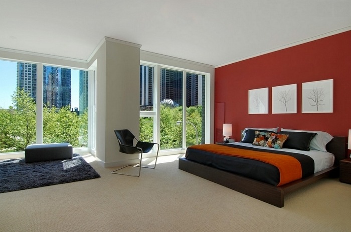 quarto-em-vermelho-parede-design-idéias-do chão ao teto-janelas-vista da cidade