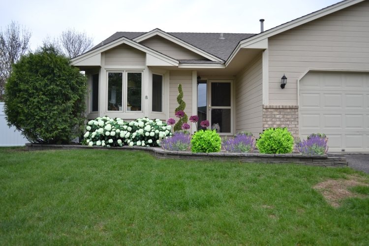 Ideias para dicas de design de jardim frontal - gramado-arbustos-casa-porta-simples