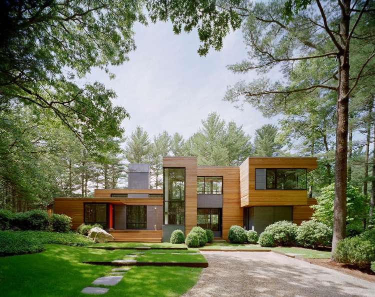 Frente jardim-design-dicas-ideias - arquitetura moderna-gramado-arbusto-árvores