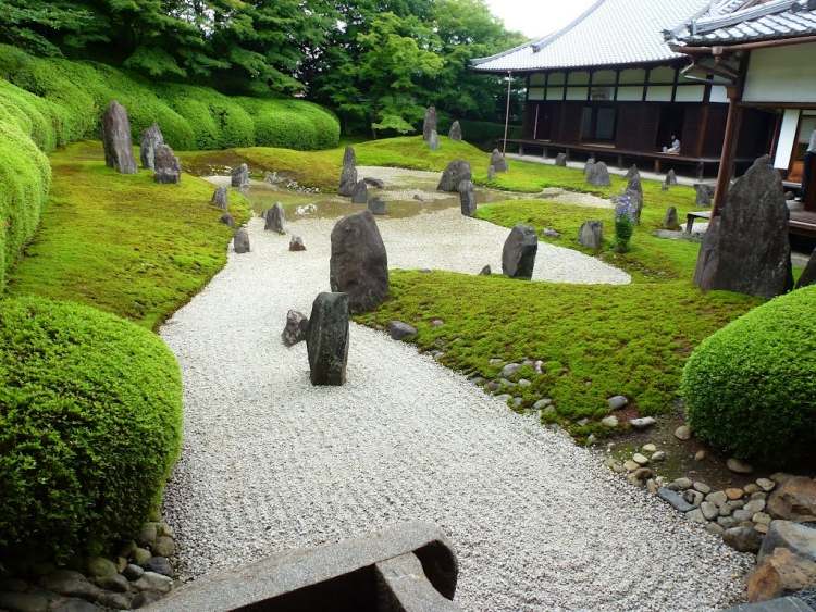 japonês-jardim-assentamento-gramado-pedras-cascalho-arbustos-caixa-árvore-musgo-rio pedras