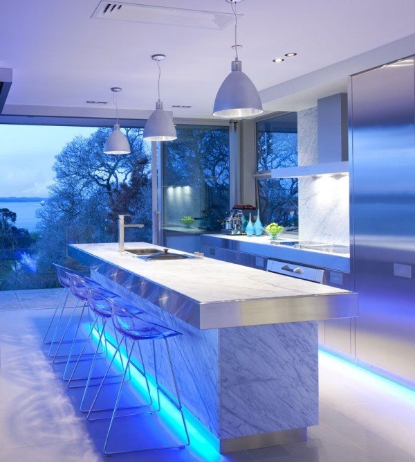 ideias de ilha de cozinha de mármore para iluminação led de cozinha