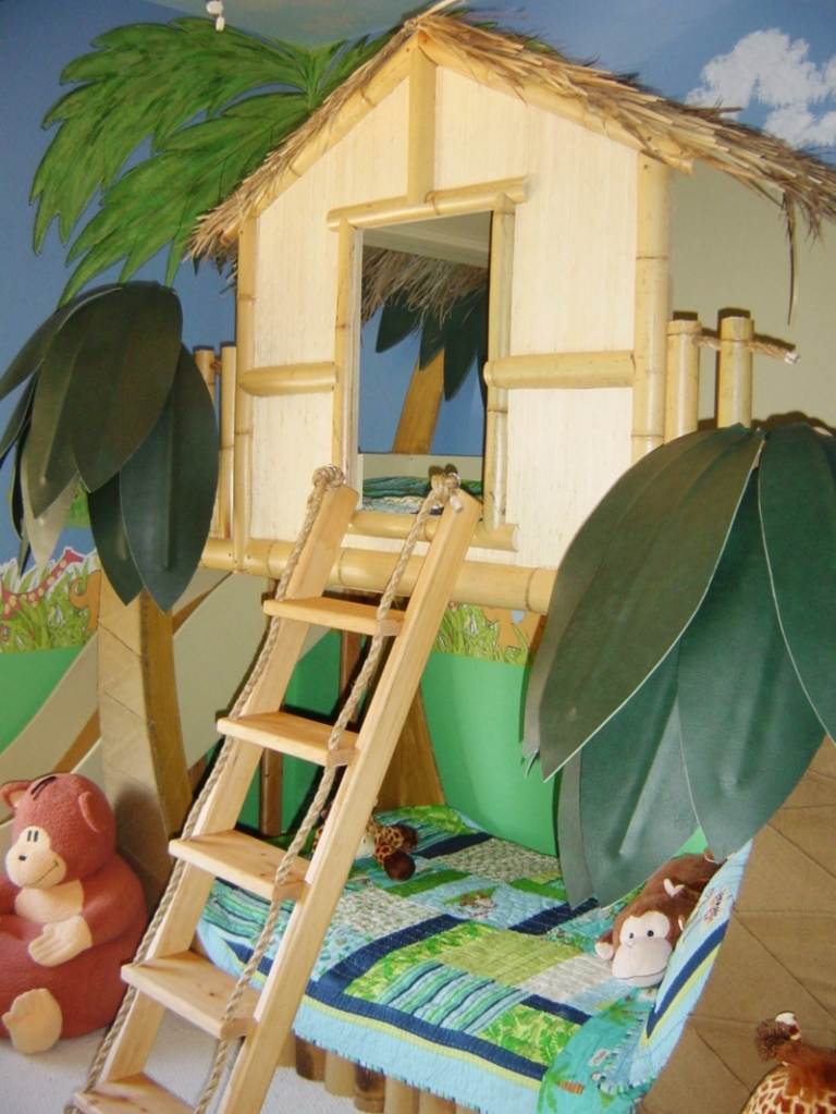cama aventura infantil design tropical cabana escada de corda sala de jogos