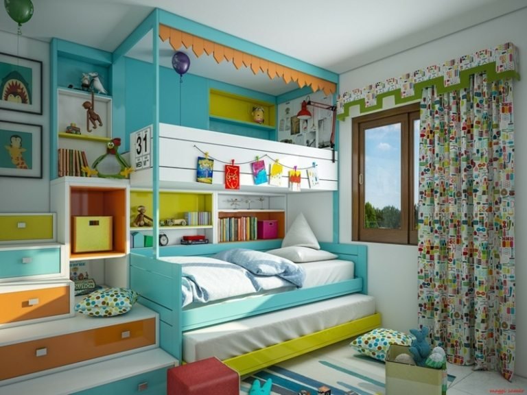 cama aventura criança cama loft ideia turquesa laranja acento escada gavetas integradas