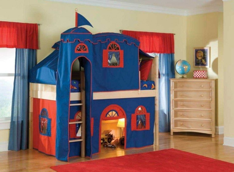 aventura cama crianças castelo azul vermelho têxtil cômoda cortinas tapete