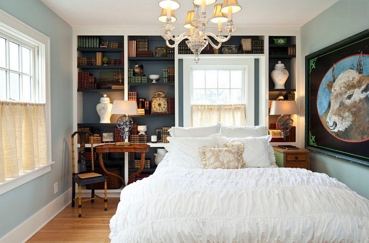 quarto-estilo-vintage-mobiliário-parede-cor-azul Decoração com livros