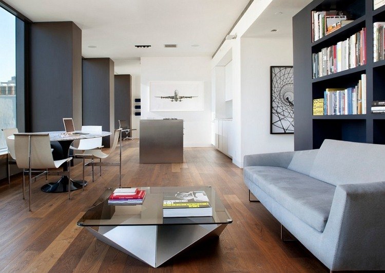 apartamento-moderno-preto-cinza-branco-livros-toque de cor
