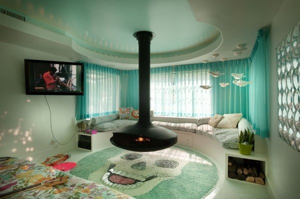Sofá lounge configurado lareira sala de estar com paisagem moderna