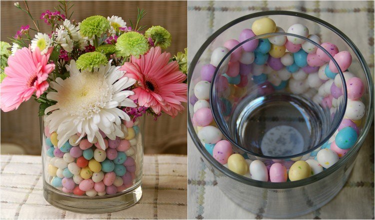 Idéias de decoração para a mesa de Páscoa de vidro-ovo de vaso-doce-gerbera-flores-crisântemos