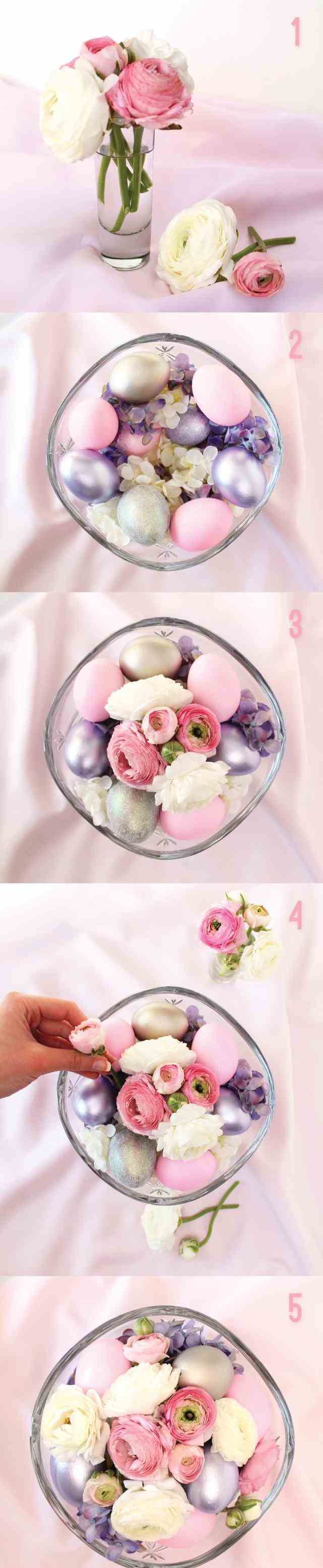 Idéias de decoração para a mesa de Páscoa faça você mesmo flores, ovos, taças de vidro