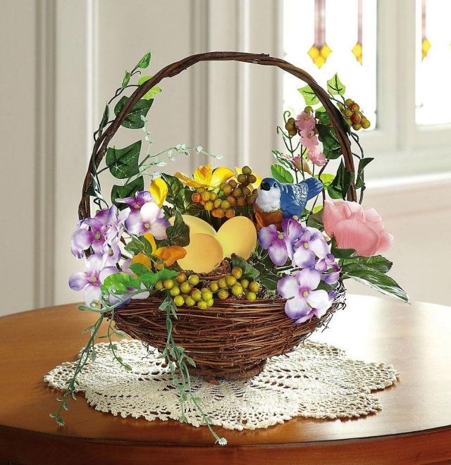 idéias de decoração mesa de páscoa imitação cesta ovos pássaros flores