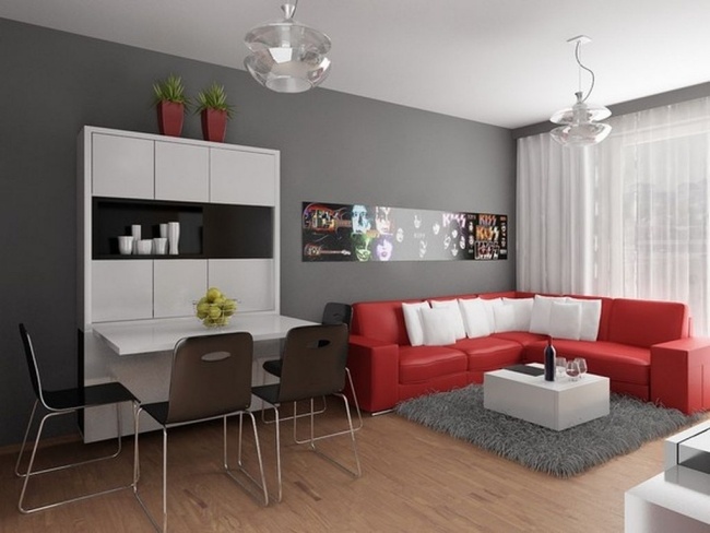 Mobiliário do pequeno apartamento sofá de canto vermelho área de jantar