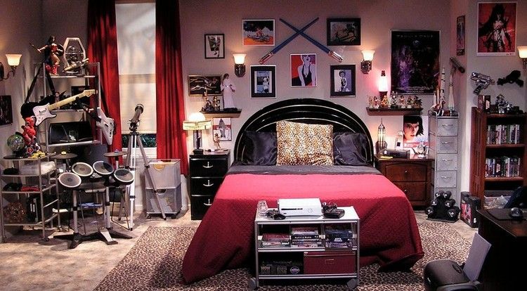 inspiração no quarto a teoria do big bang howard wolowitz mobília instrumentos musicais vermelho preto