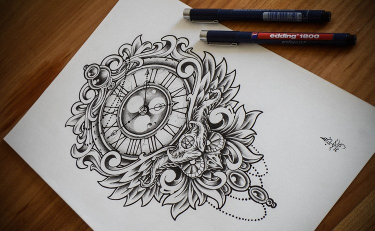 Modelos de tatuagem -clock-drawing-black-white