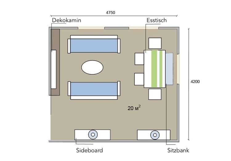 Sala de estar de 20 m² quadrada com área de jantar