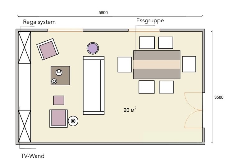 Sala de estar de 20 m² retangular com área de jantar