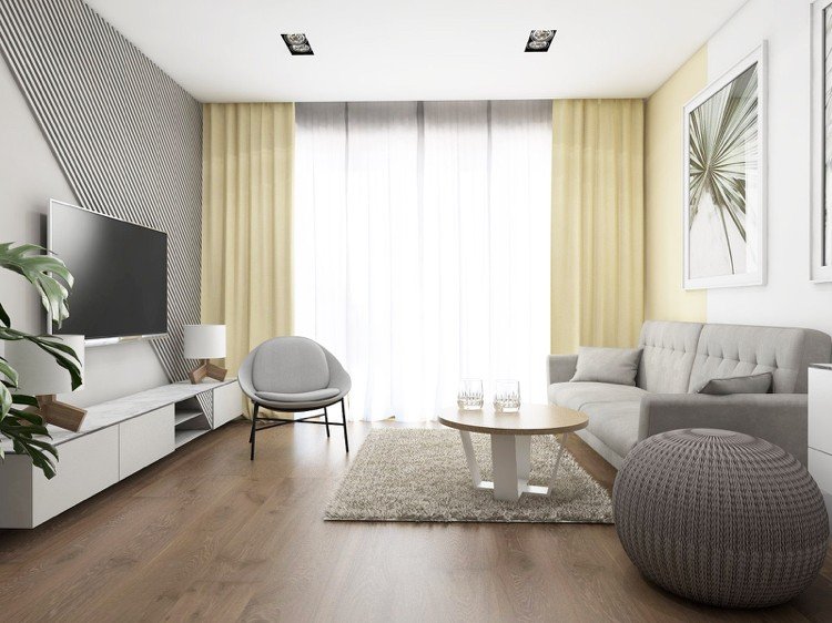 Sala de estar com 20 metros quadrados sofá cinza cortinas amarelas parede de TV de tela plana