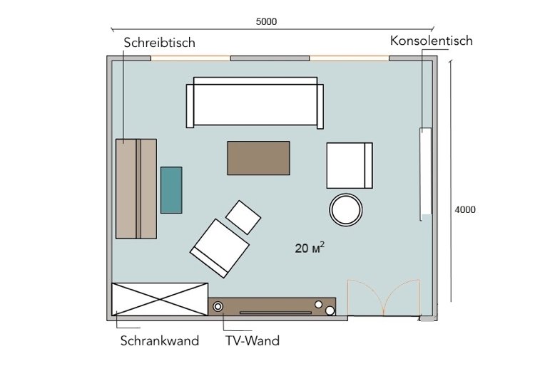 Sala de estar quadrada de 20 m² com mesa no escritório em casa