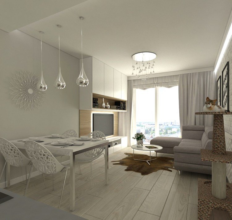 Sala de estar de 20 m² com mesa de jantar tv parede sofá de canto piso laminado cinza claro