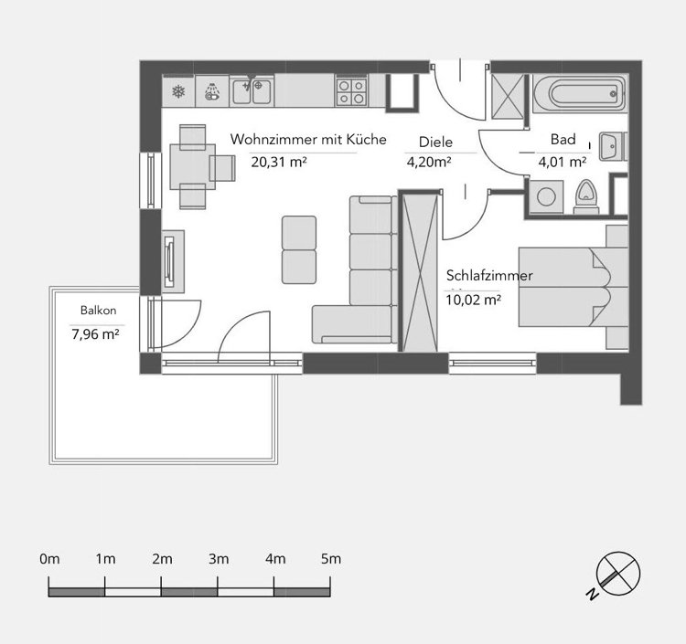 Sala de estar de 20 m² com planta baixa e praça de cozinha