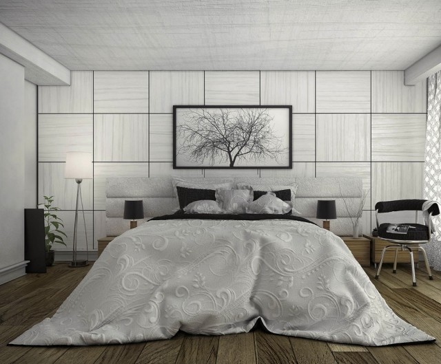 quarto-moderno-design-monocromático-painel-cinza-parede-deco-madeira-assoalho-mesas de cabeceira