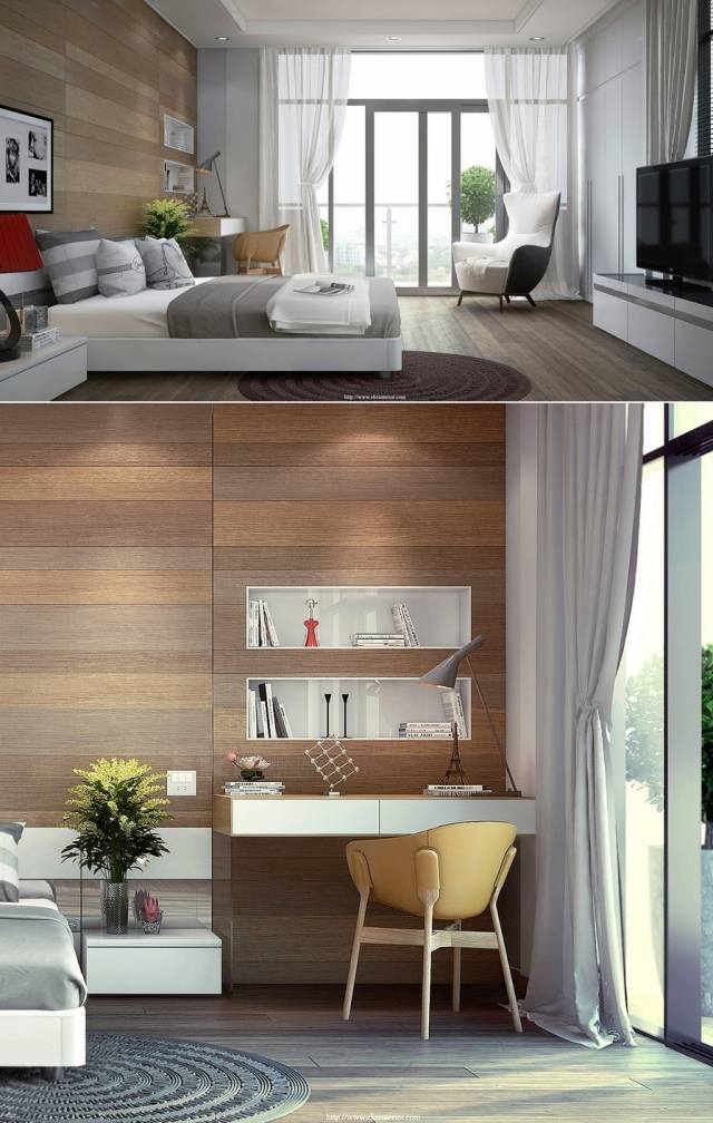 moderno-quarto-design-inspiração-mesa-prateleiras embutidas na parede