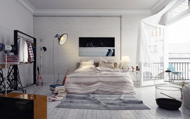quarto-loft-style-white-brick-wall-clothes-rack-white-floorboard
