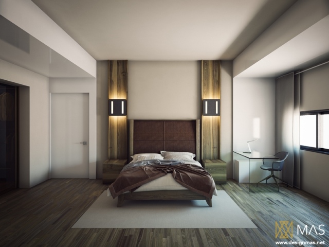 moderno-quarto-madeira-cabeceira-mesa-luminárias de parede decoração