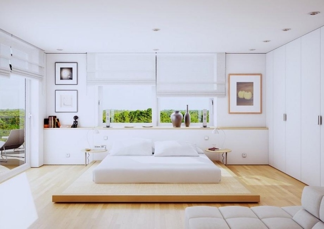 quarto moderno design branco-plataforma-cama-piso laminado-guarda-roupa embutido-persianas de janela