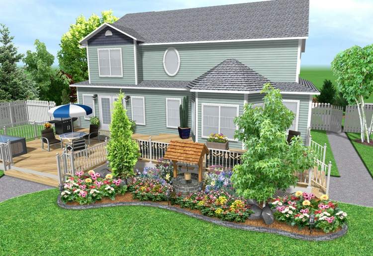 3D grátis planejador de jardim casa fachada de madeira alpendre flores árvore
