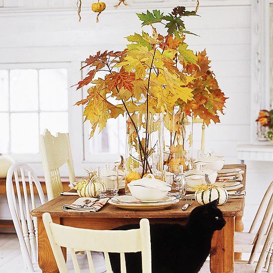 Mesa de jantar rústica idéia - decoração em madeira maciça placemat vaso de flores - vidro folhas secas de outono