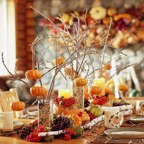 Ideias de decoração de mesa vasos de vidro de outono - ramos de trigo - fixe abóboras - pendure