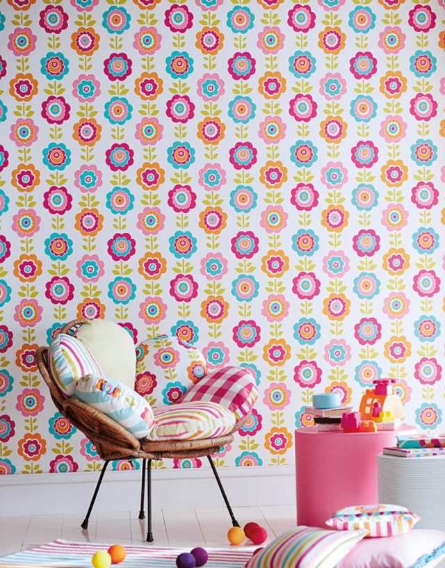 padrão papel de parede flores retro colorido quarto de menina